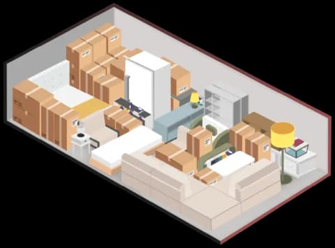 Illustration of a medium storage unit holding a bed, sofa, refrigerator, and stacked boxes