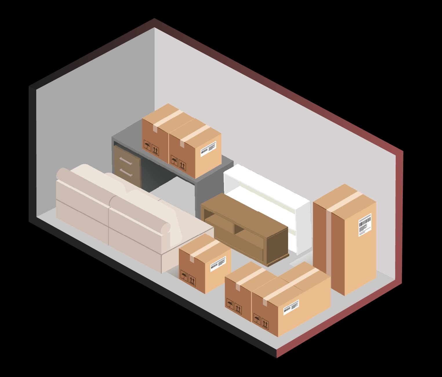 Illustration of a small storage unit holding a sofa, desk, dresser, and boxes